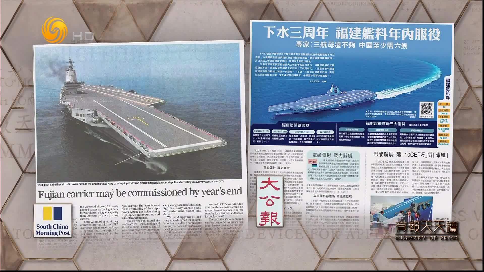 大公报：下水三周年  福建舰料年内服役
