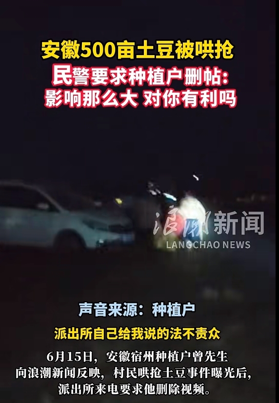 宿州埇桥500亩土豆被哄抢，民警要求种植户删帖！
