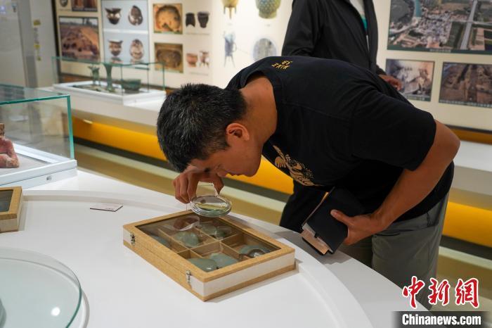 图为市民在河南省文物考古研究院院史馆参观展品汝瓷片。中新社记者 范晓恒 摄