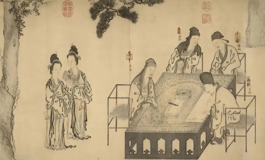 宋代李公麟创作水墨纸本画《西园雅集图》局部,右侧坐着赏画者为苏轼。