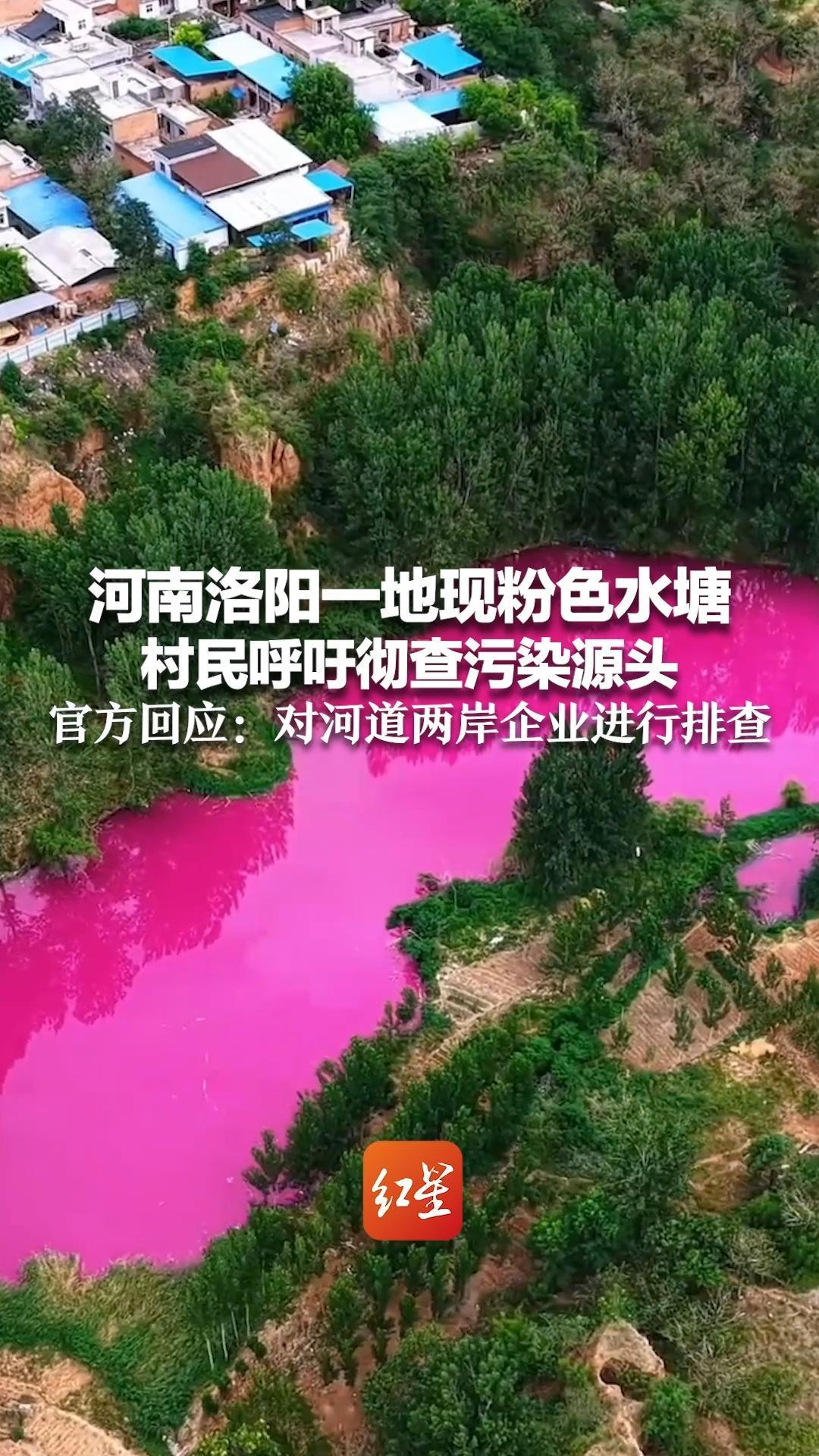 河南洛阳一地现粉色水塘，村民呼吁彻查污染源头，官方回应：对河道两岸企业进行排查