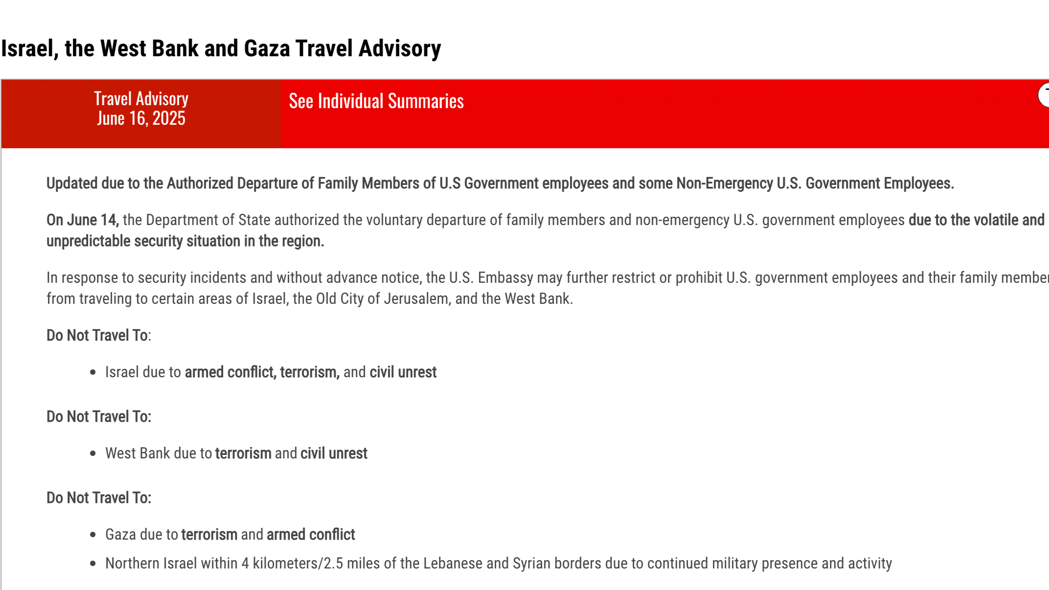 美国国务院提升旅行警告 促不要前往以色列