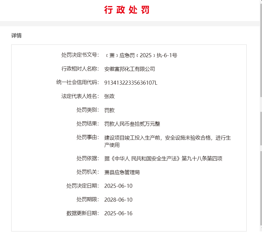 安全设施未验收合格擅自投产使用 安徽富邦化工被罚32万
