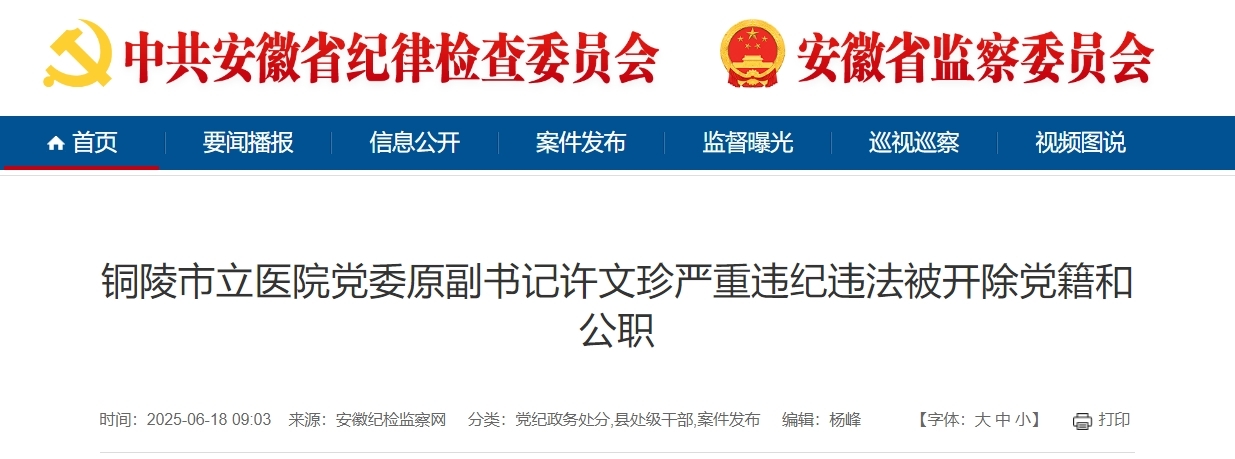 铜陵市立医院党委原副书记许文珍被双开