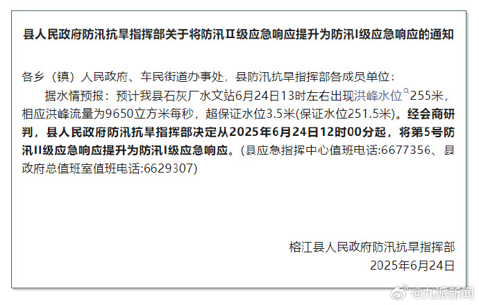 贵州榕江县防汛应急响应升至I级