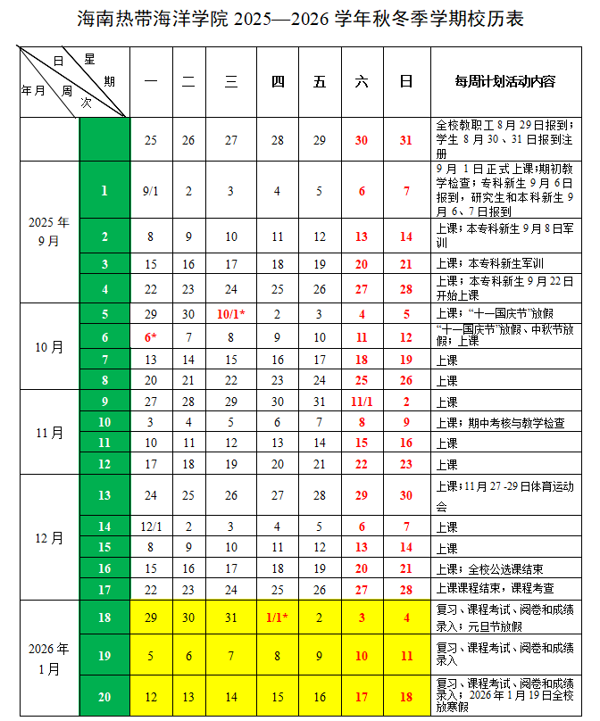 海南热带海洋学院秋冬季学期校历表。海南热带海洋学院供图