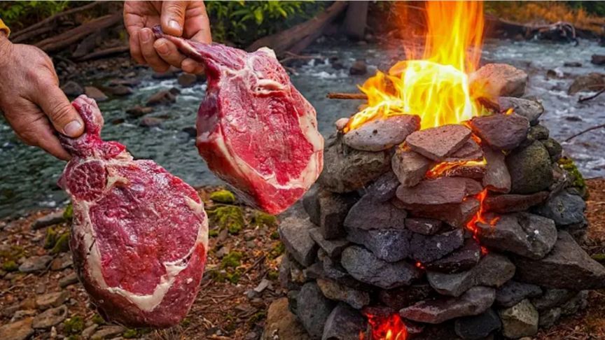 溪流边的战斧牛排！从头开始，石炉烹饪，大口吃肉真过瘾！