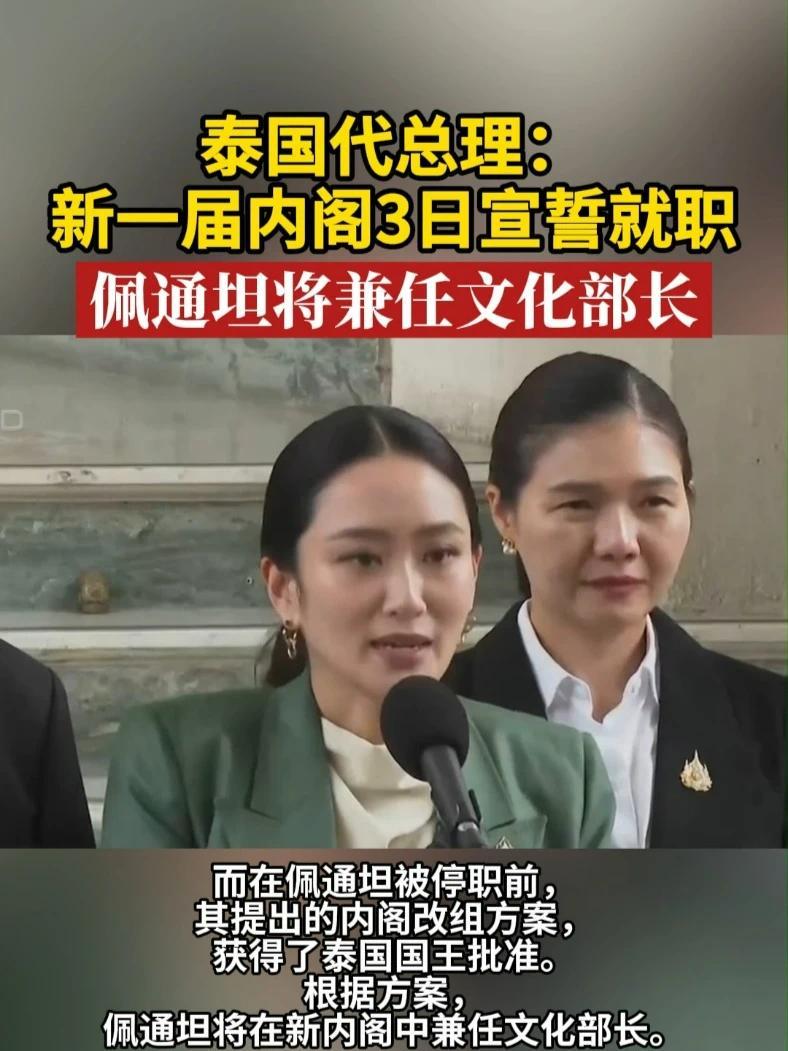 泰国代总理：新一届内阁3日宣誓就职，佩通坦兼任文化部长#佩通坦 #泰国总理