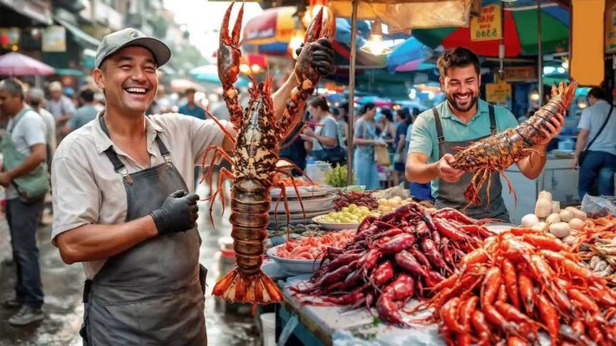 泰国 1 英尺虎虾！曼谷最大的龙虾和海鲜市场  最佳泰国街头美食
