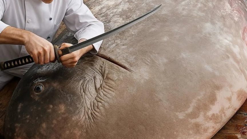 宰杀稀有太阳鱼，这家伙又叫翻车鱼平时相当少见，外形类似月亮鱼