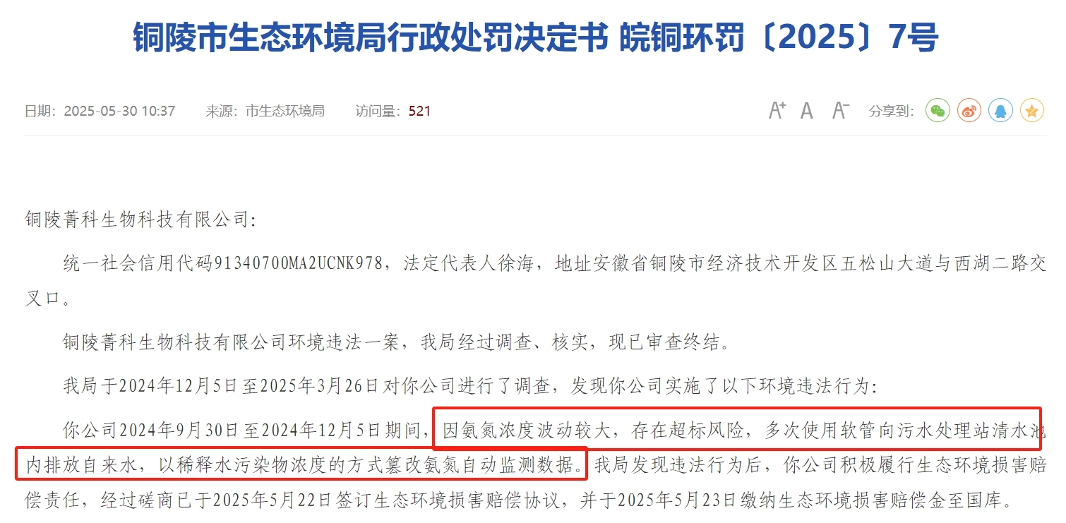 用自来水稀释污染物浓度的方式篡改监测数据 铜陵菁科生物被罚45万