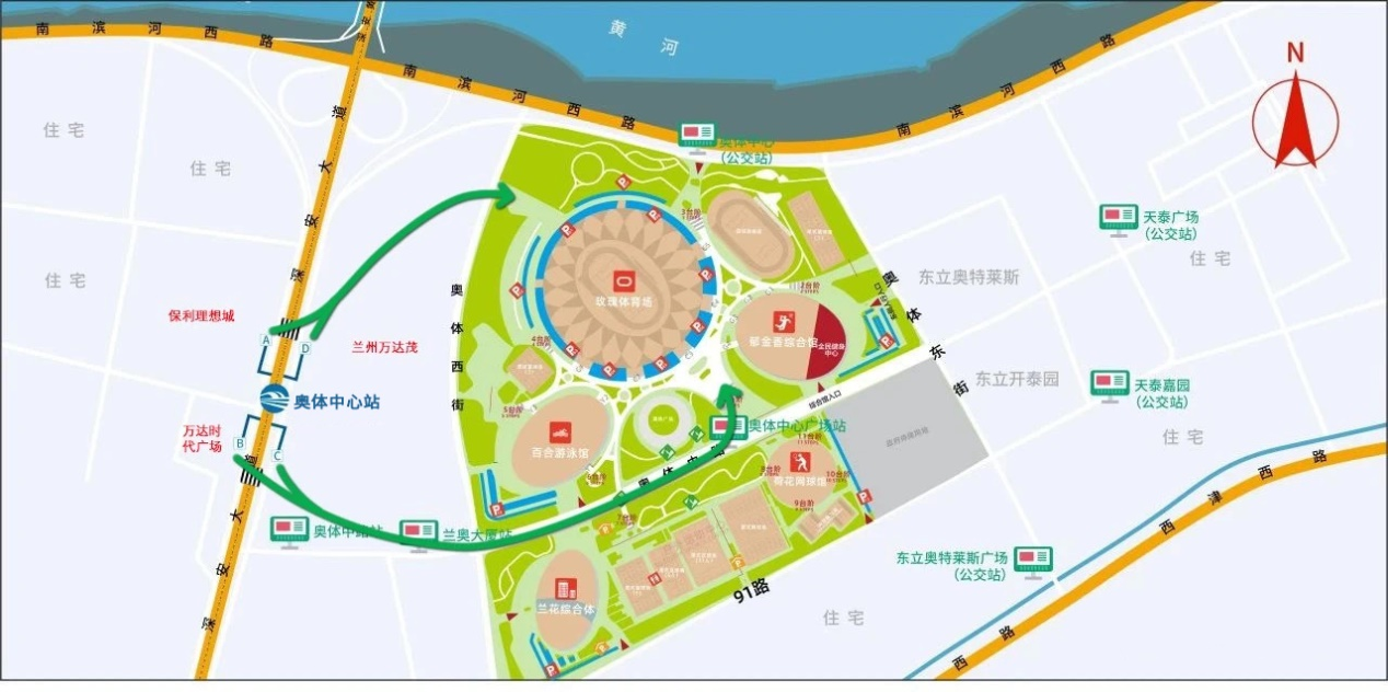 奥体中心站前往兰州奥体中心玫瑰体育场路线示意图