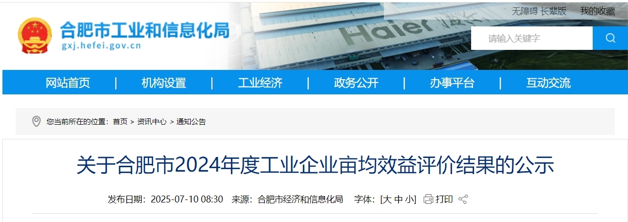 合肥市2024年度工业企业亩均效益评价结果的公示