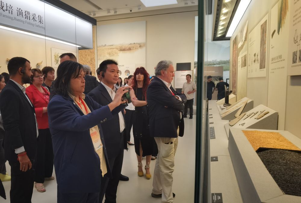 7月8日,参加全球文明对话部长级会议的嘉宾参观位于浙江省杭州市的良渚博物院。新华社记者 顾小立 摄