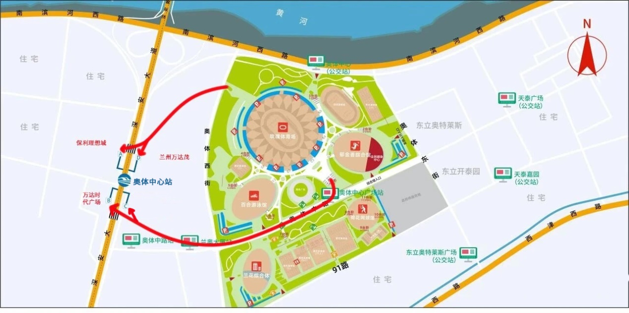 玫瑰体育场路前往奥体中心站路线示意图