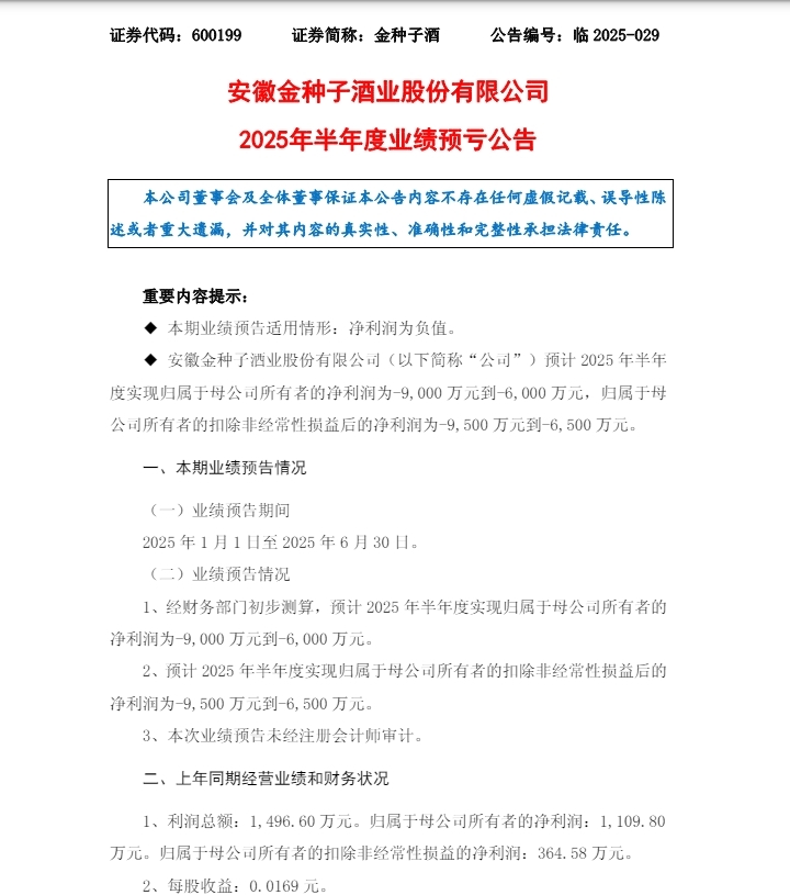 金种子酒上半年归母净利预计亏损6000-9000万元