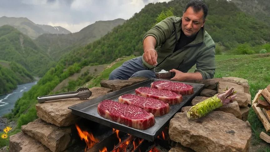 山葵牛排香，炭火轻抚肉金黄，大叔厨艺强
