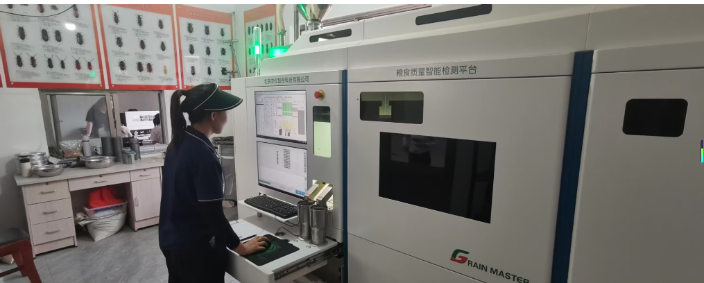 在广饶县汇通粮食公司，工作人员正在进行粮食质量检测。（受访者供图）