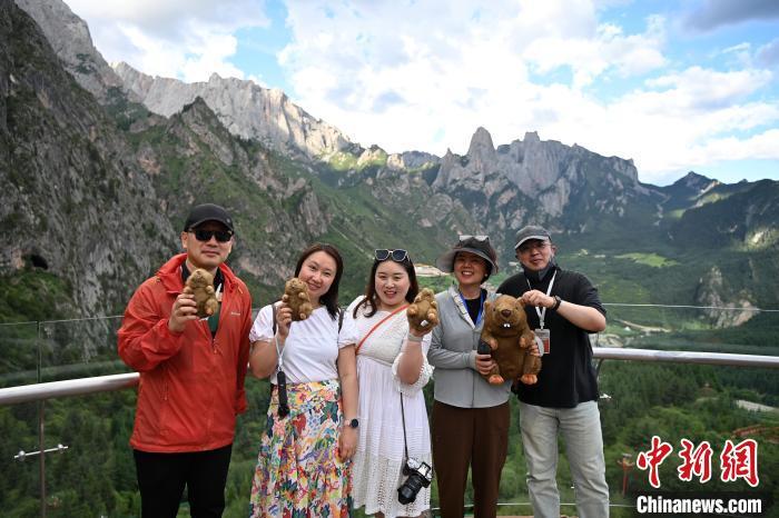 图为采访团成员在扎尕那景区达日观景台拍照留念　中新社记者　九美旦增　摄