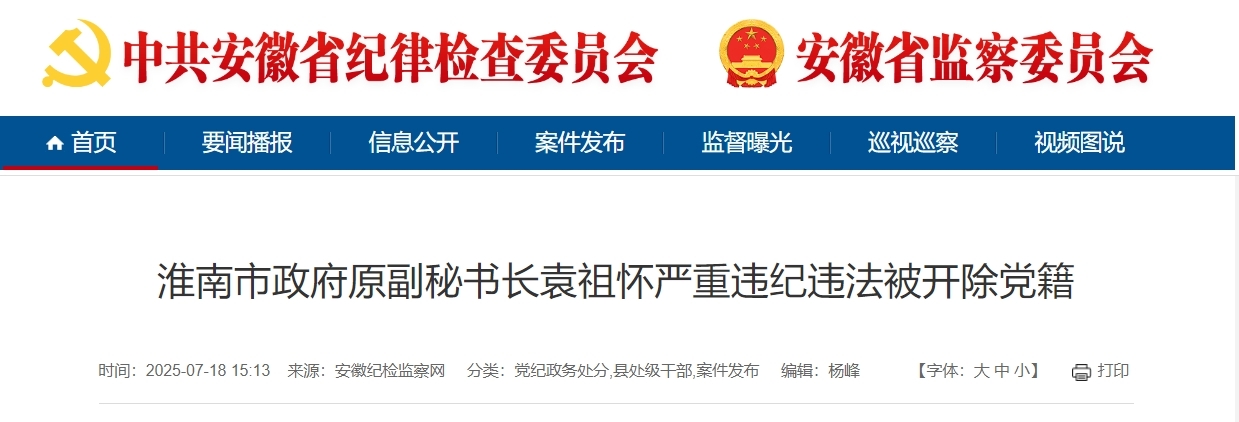 严重违纪违法，淮南市政府原副秘书长袁祖怀被开除党籍