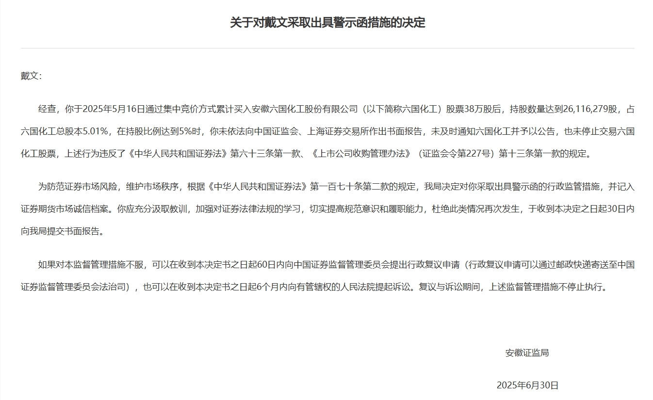 六国化工股东戴文因未依法报告持股情况获被出具警示函