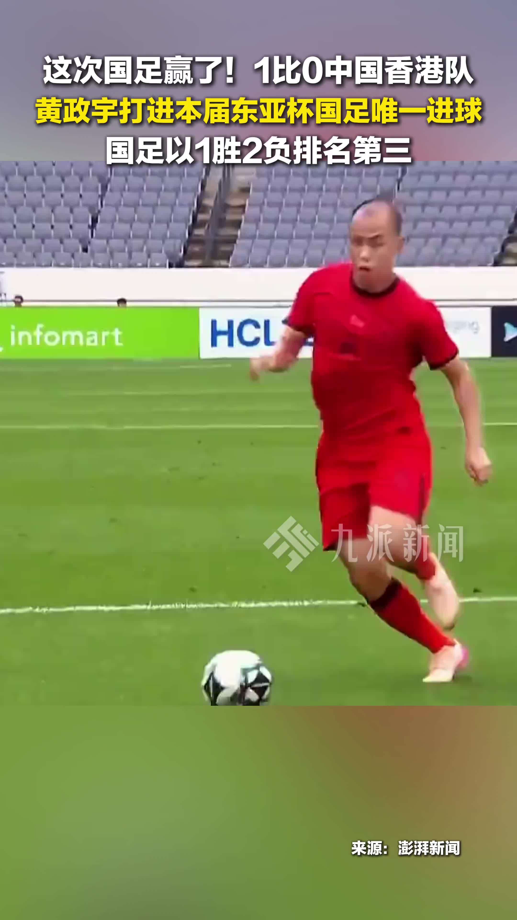 国足1比0战胜中国香港队 ，最终以1胜2负排名第三结束本届东亚杯