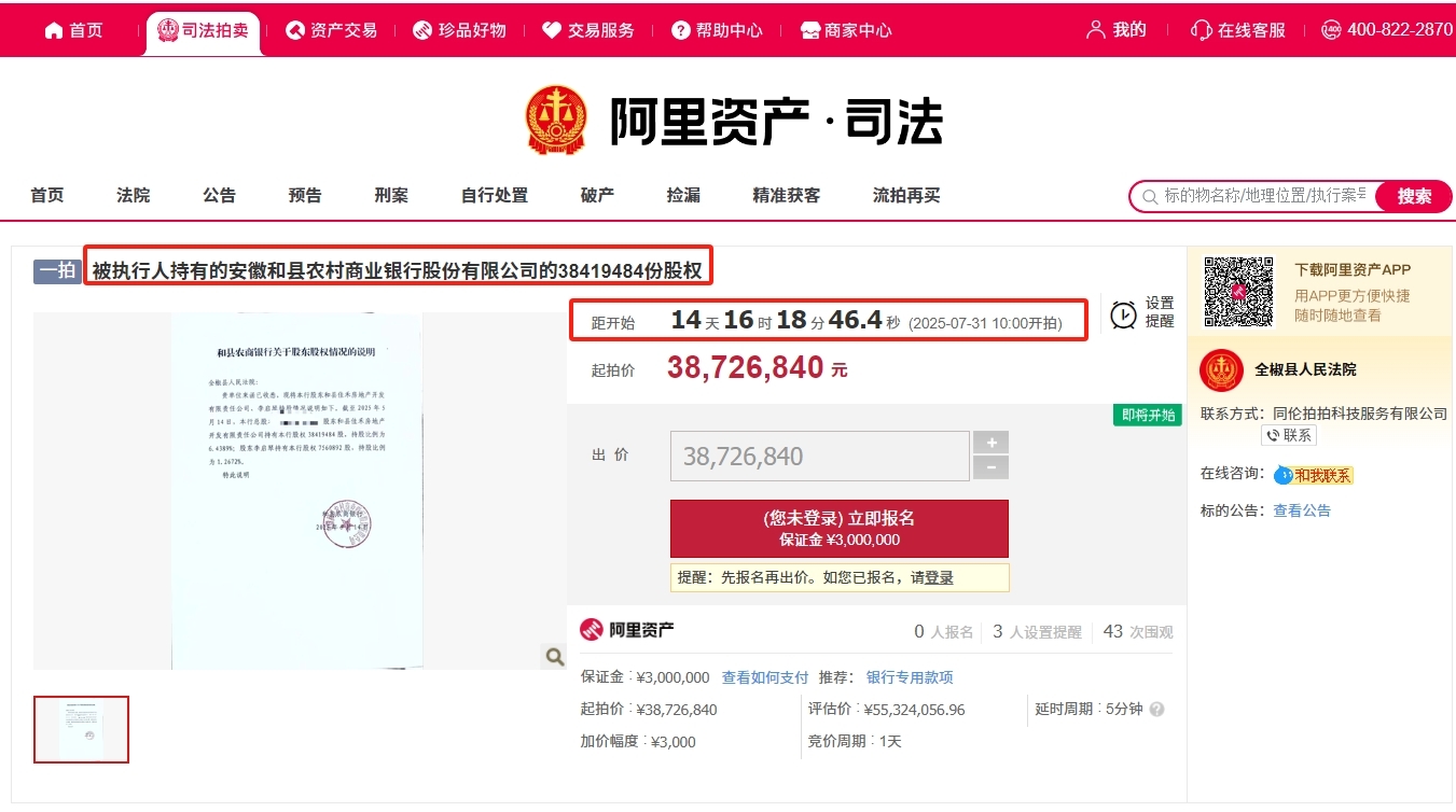安徽一农商行4598万股股权遭司法拍卖！