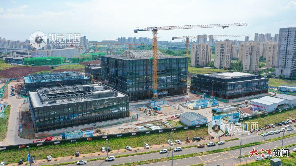 中国稀土集团总部及科创中心项目建设现场机械轰鸣、塔吊林立。（钟万汕 摄）