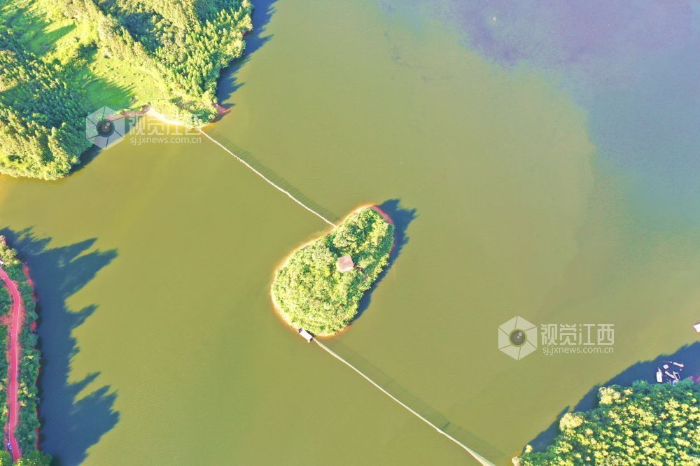 2025年7月24日，俯瞰江西省吉安市峡江县砚溪镇樟溪上景区，星罗棋布的岛屿与成片的绿色植被互相映衬，呈现一派湖光山色的生态画卷。