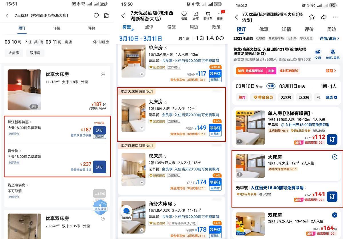 3月10日,錦江薈App(左)與其他網站預訂同一酒店房型價格對比