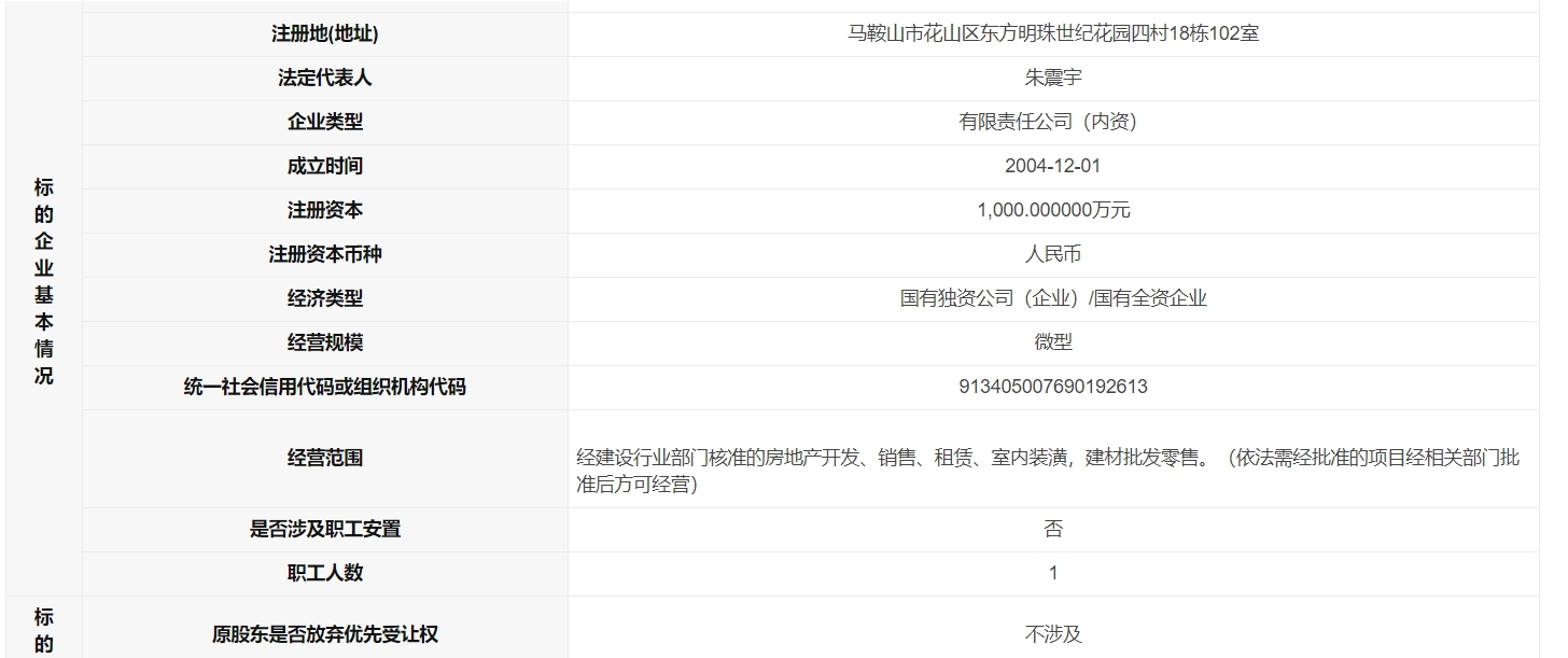 上海一国企挂牌转让马鞍山市金申置业100%股权