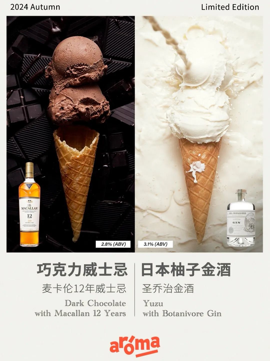北京Aroma Gelato的巧克力威士忌、日本柚子金酒Gelato