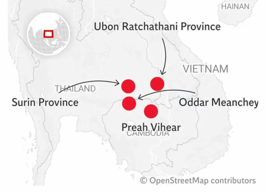 ▎泰国和柬埔寨边境冲突发生地点 图源：独立报