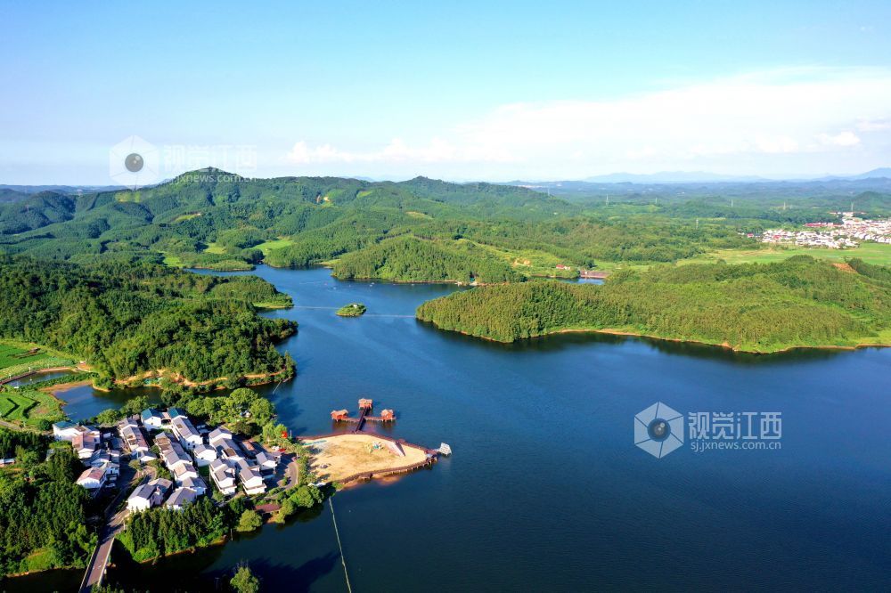 2025年7月24日，俯瞰江西省吉安市峡江县砚溪镇樟溪上景区，星罗棋布的岛屿与成片的绿色植被互相映衬，呈现一派湖光山色的生态画卷。