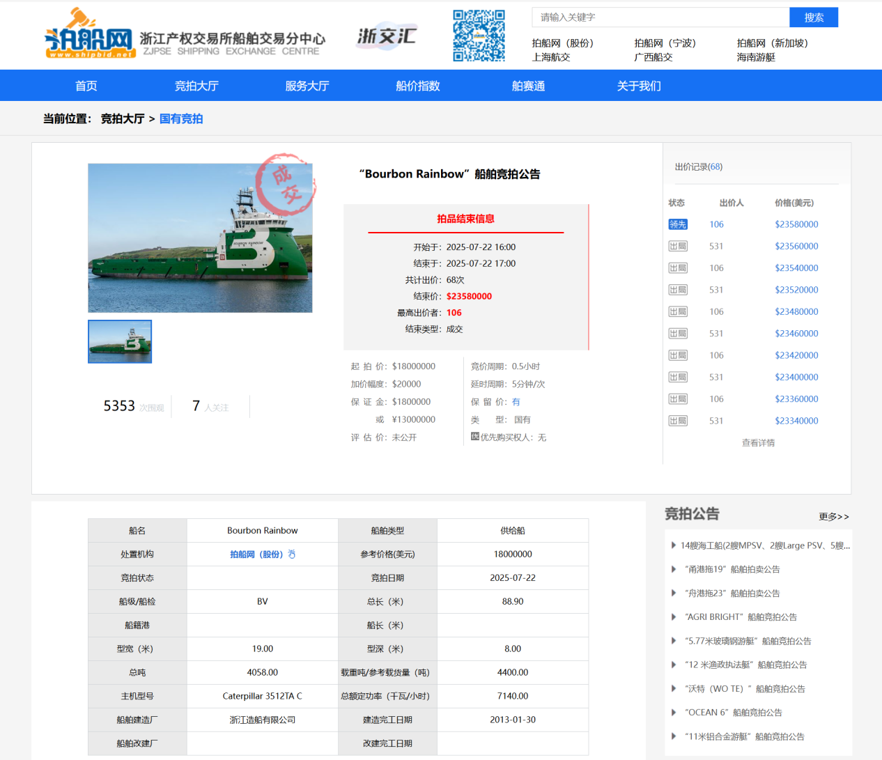 “Bourbon Rainbow”轮竞拍成交页面