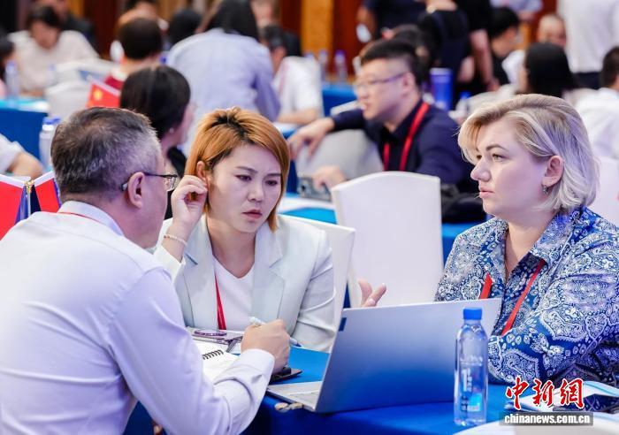 7月7日，甘肃省新能源及新能源装备进出口洽谈对接会在兰州举行。图为甘肃企业与采购企业洽谈对接。甘肃省商务厅　供图