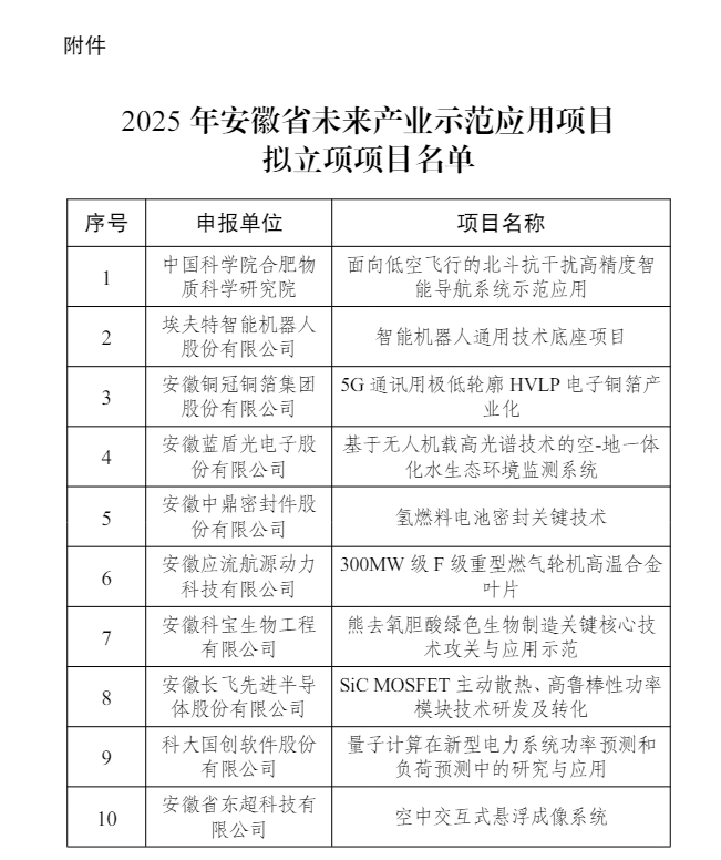 2025年安徽省未来产业示范应用项目拟立项项目公示