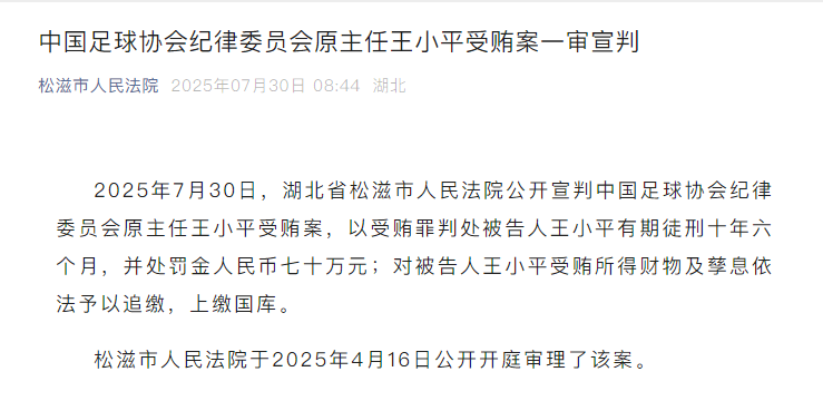 中国足球协会纪律委员会原主任王小平受贿案在湖北宣判