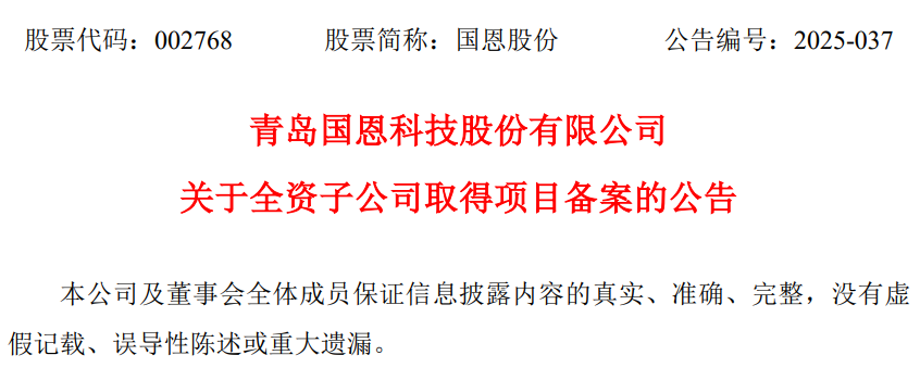 青岛国恩股份：全资子公司获9.6亿元项目备案