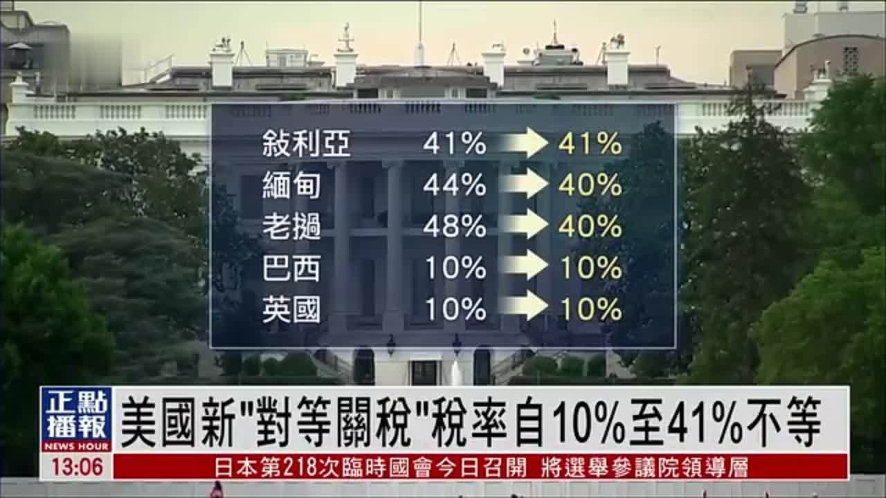 美国新“对等关税”税率自10%至41%不等