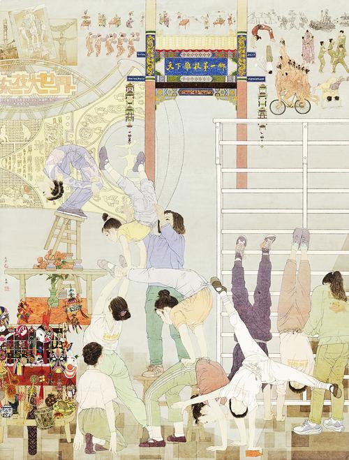 沧州画家路美玲的作品《天下杂技第一乡——吴桥记事》。