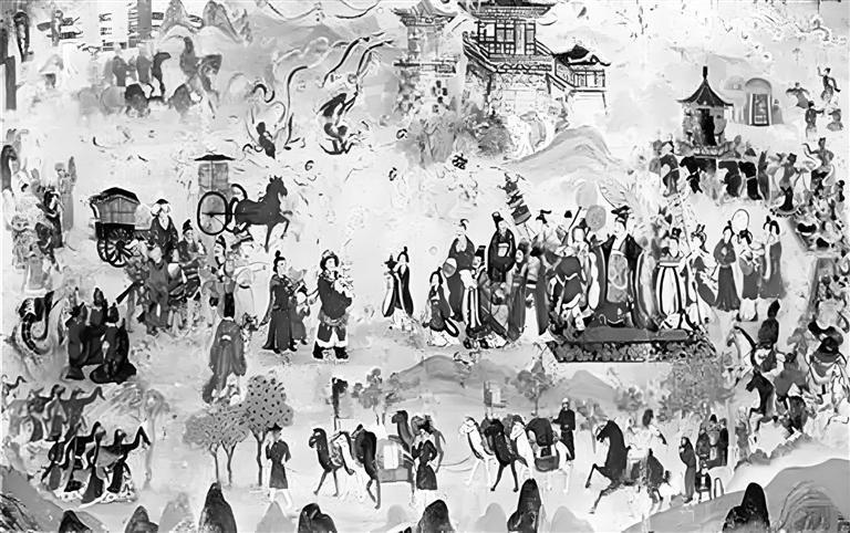 第41届世博会上，甘肃馆中展陈的“焉支盛会——隋朝张掖万国博览会”壁画。