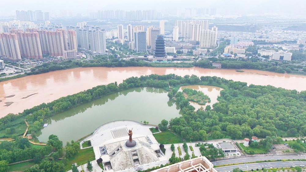 8月5日，在黄河兰州段的银滩湿地公园现“鸳鸯锅”景观。受上游降雨影响，黄河和湿地公园形成了一浊一清的自然景观，从空中俯瞰，一边是浑黄的黄河水，一边是葱郁的湿地公园，形似超大“鸳鸯锅”，甚是壮观。