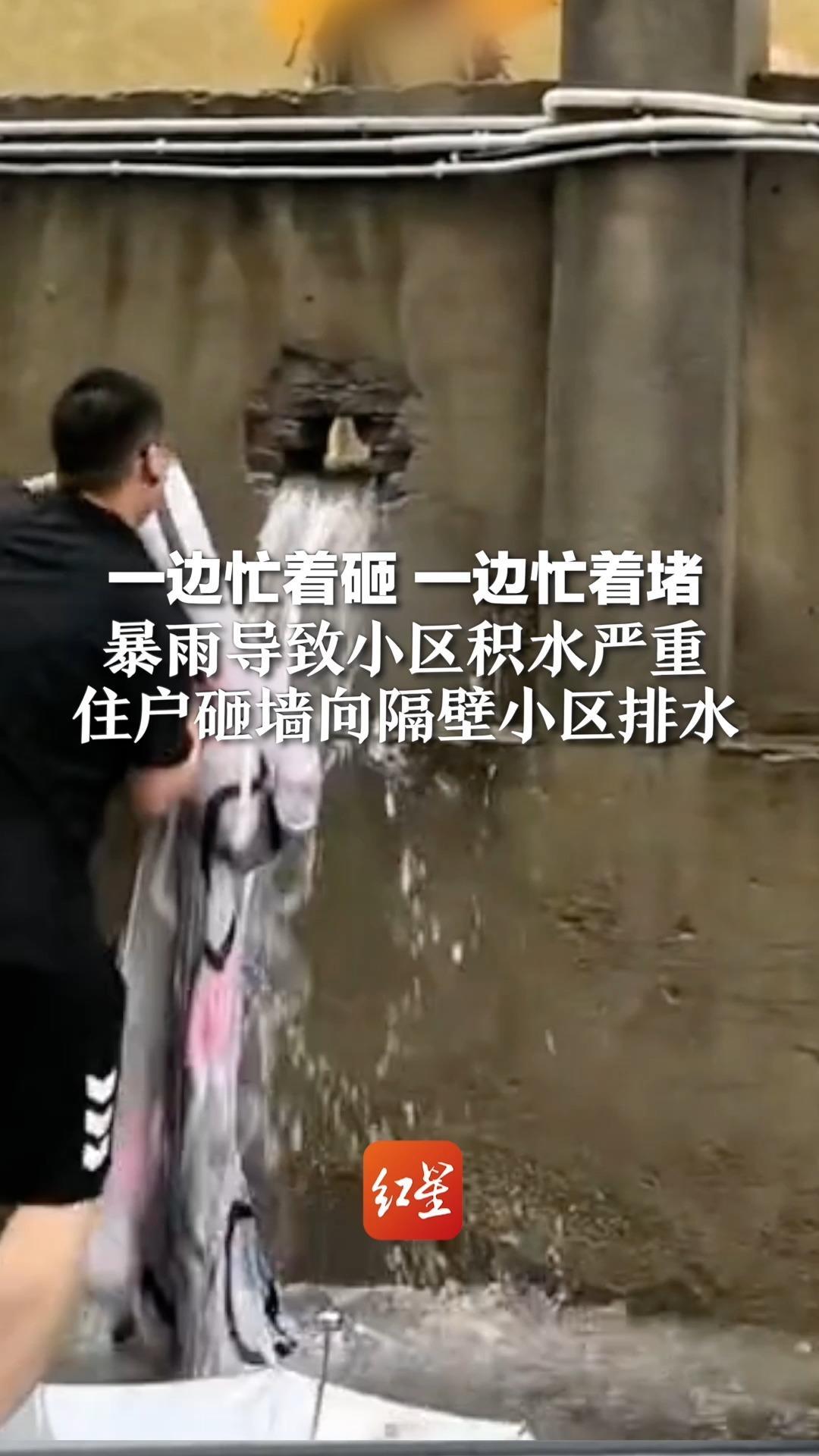 一边忙着砸，一边忙着堵 暴雨导致小区积水严重 住户砸墙向隔壁小区排水 物业：墙还没补好 社区：协调中