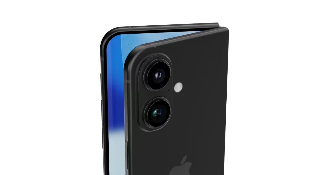 Black foldable smartphone partially open, featuring dual rear cameras, a flash, and a visible blue interior screen edge.