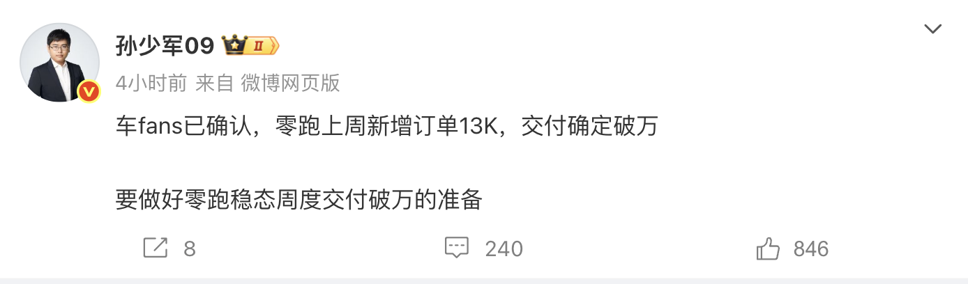 消息称零跑汽车上周新增订单1.3万 或将实现“稳态周度交付破万”
