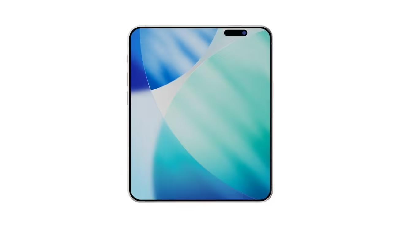 Smartphone with a colorful abstract design on its screen, featuring shades of blue and green with a pill-shaped camera cutout at the top.