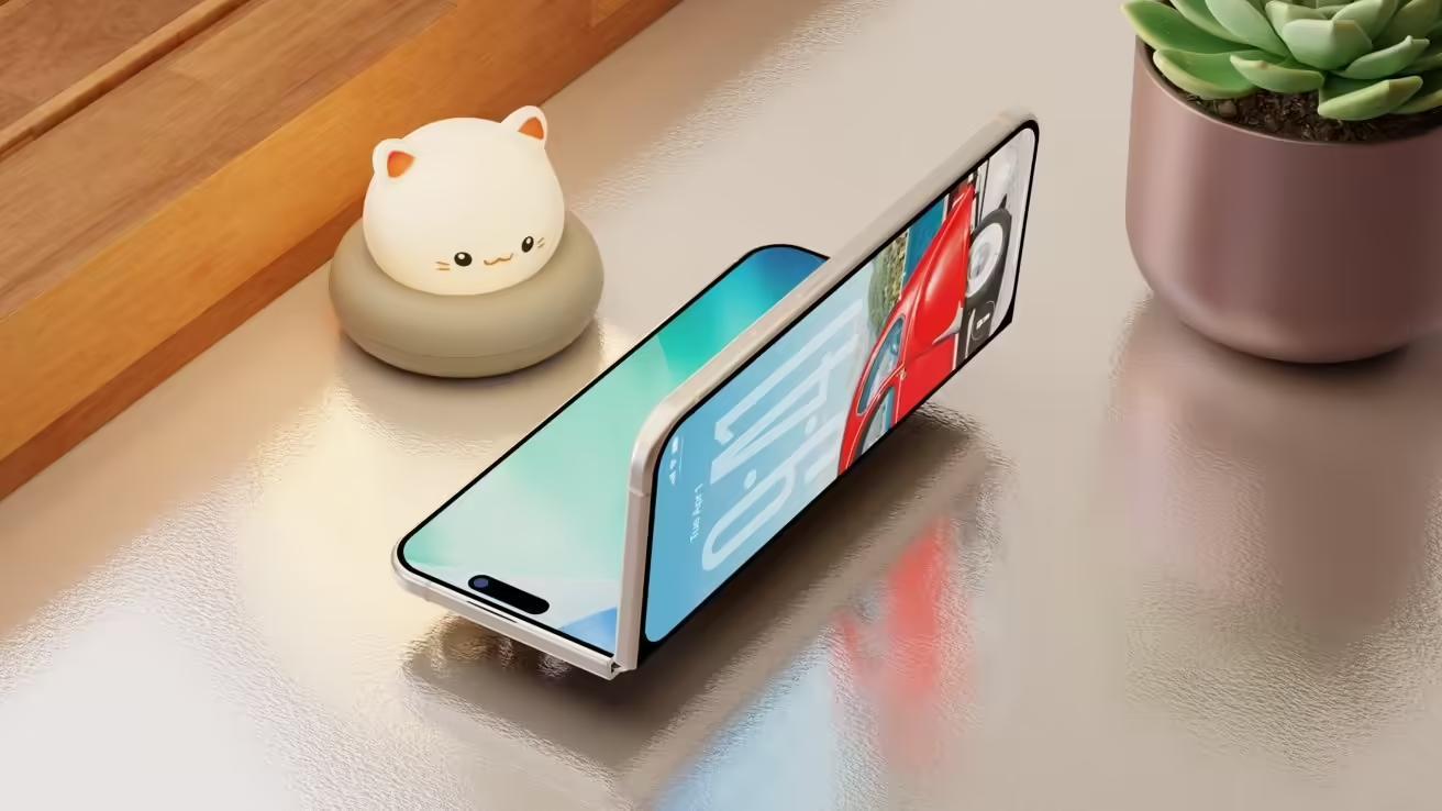 A smartphone with a wraparound display is propped on a reflective surface beside a cute cat-shaped night light and a potted succulent plant.