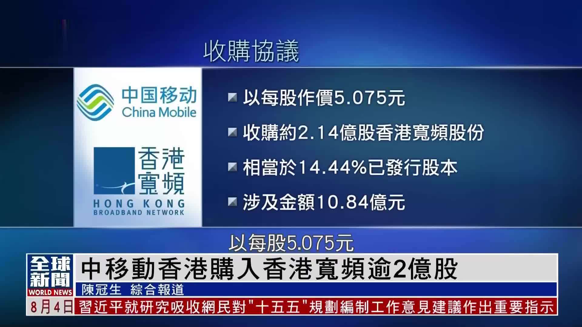 粤语报道｜中移动香港购入香港宽频逾2亿股