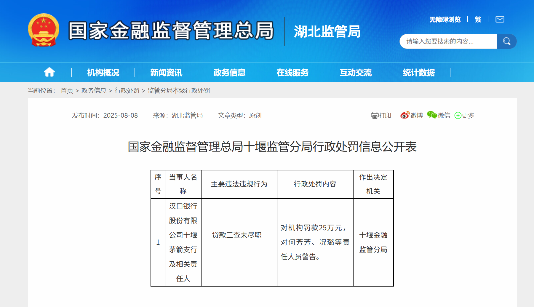 汉口银行十堰茅箭支行因贷款三查未尽职被罚款25万元